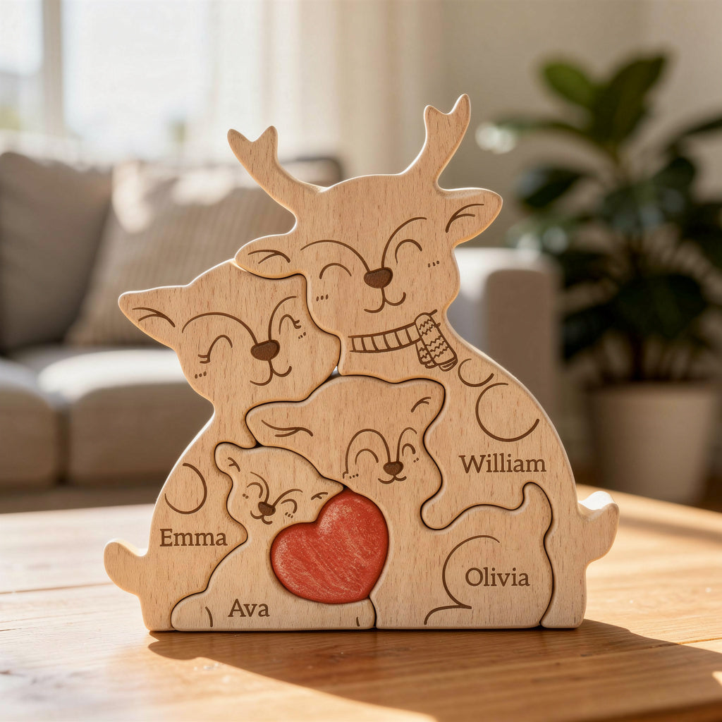 Wooden deer family puzzle showing four member family in premium pine
on a wooden surface.