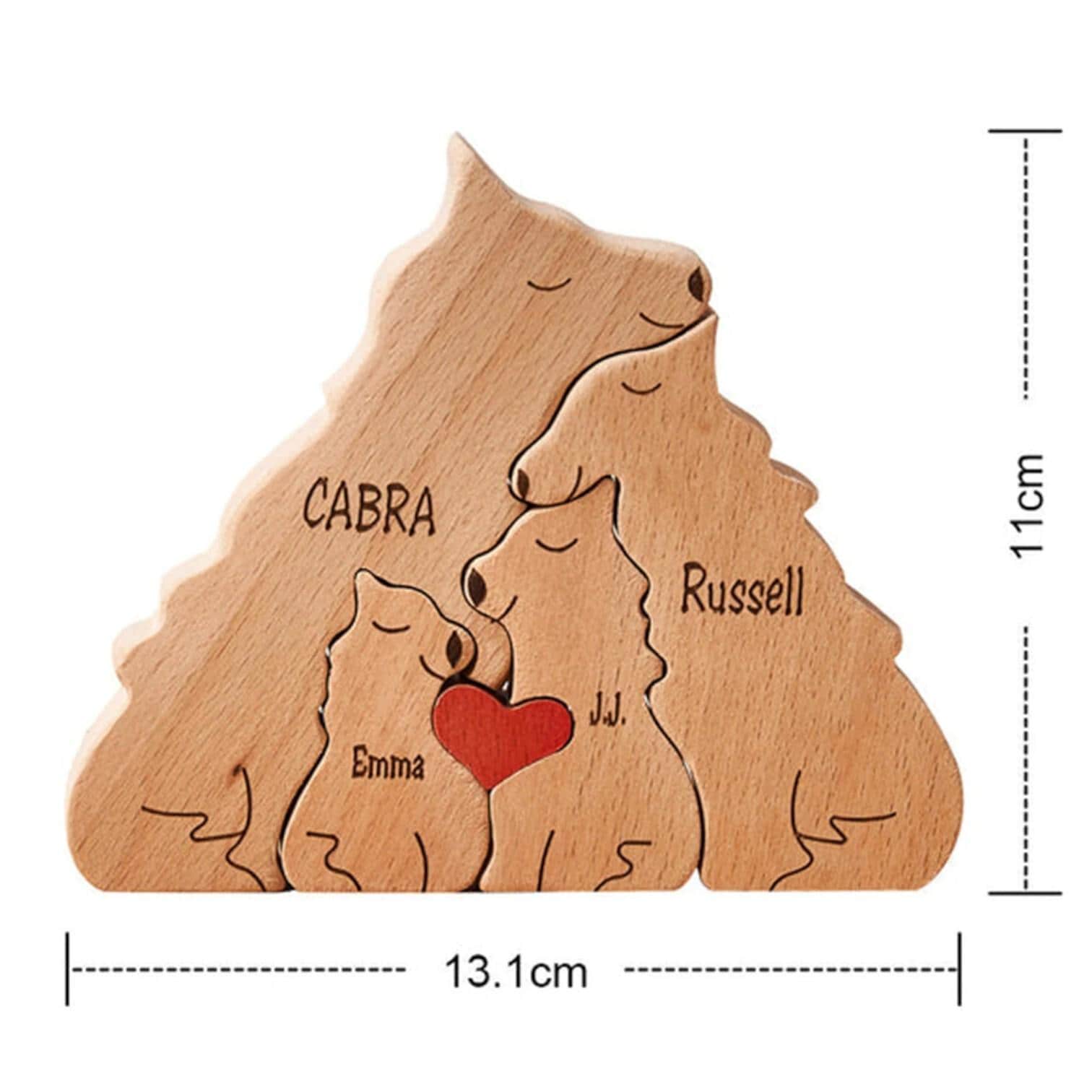 Wooden engraving of four wolf figurines hugging with a heart, personalized with names, and measurements on a white background.