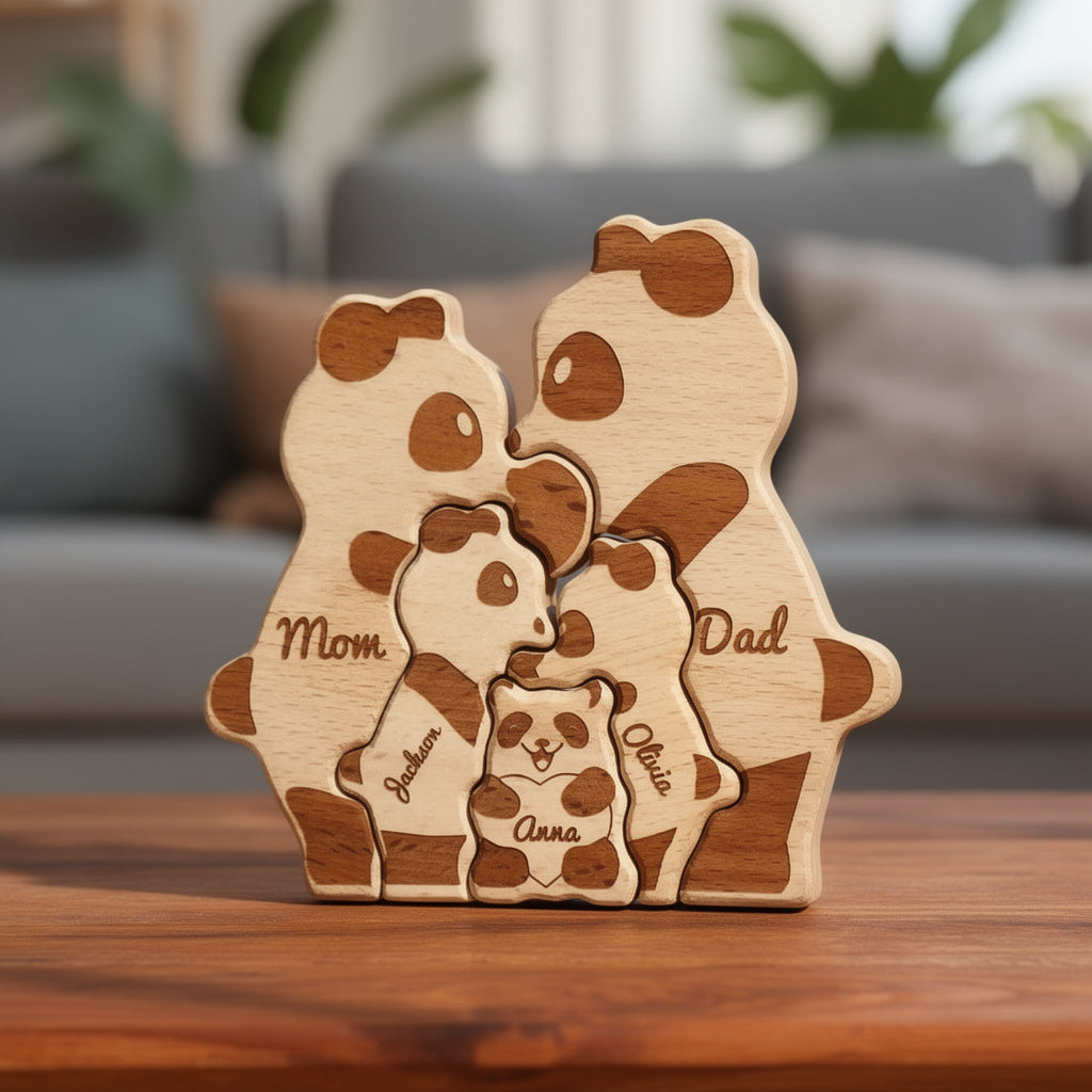 Custom panda family ornament five member family with personalised engraved names on a shelf