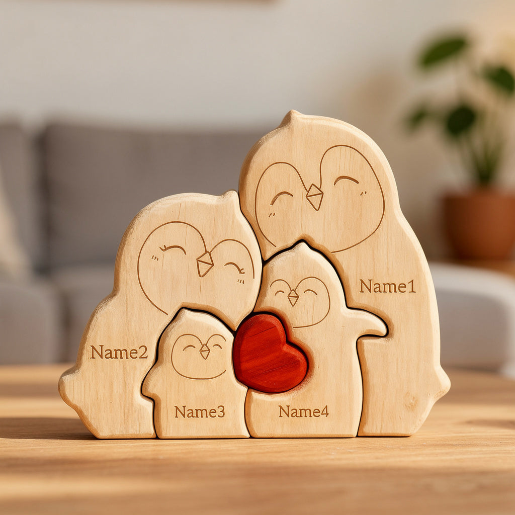 Handmade penguin family keepsake in premium pine wood for nursery on a wooden surface, family of 4 gift
