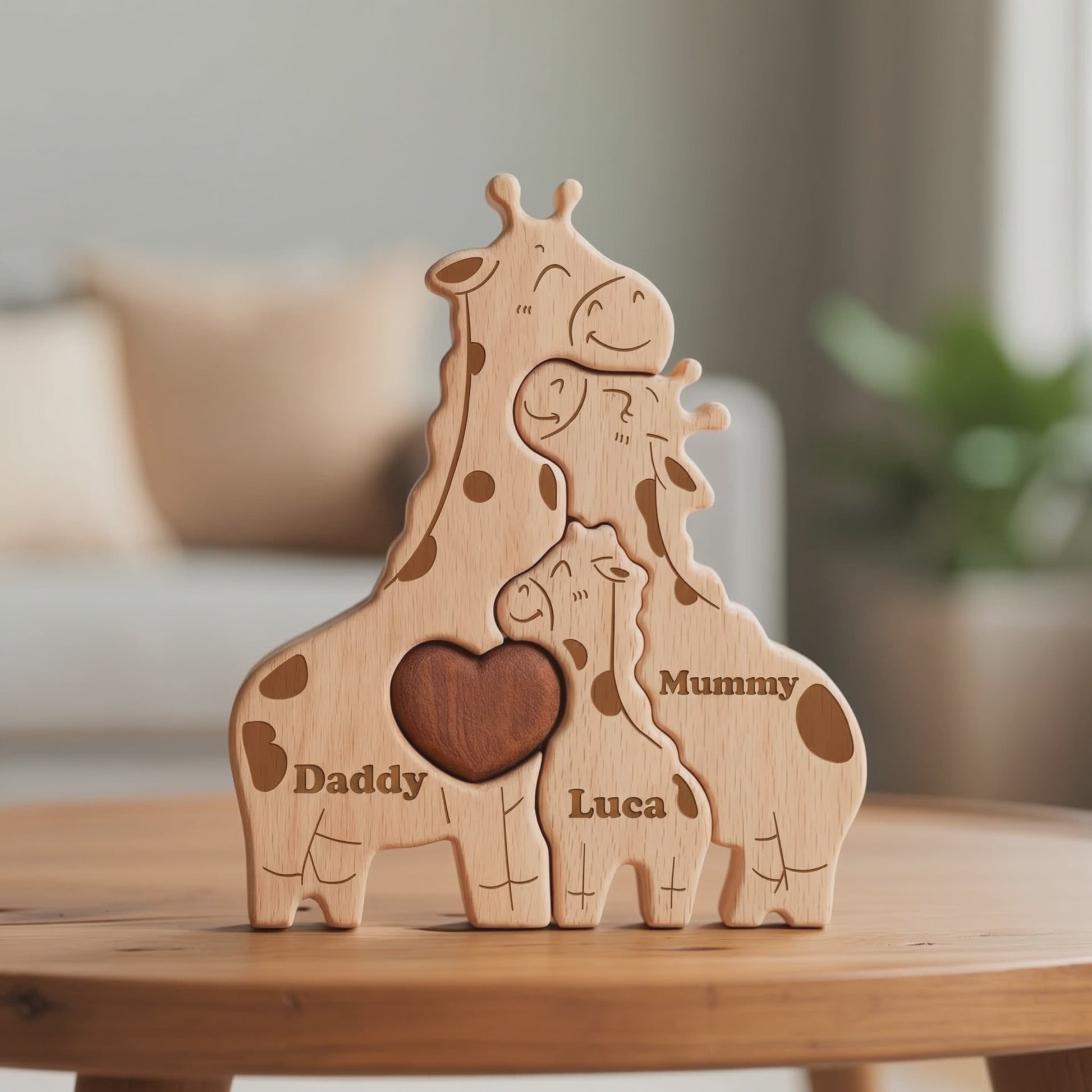 Video of a Wooden Giraffe Family Puzzle For A New Baby Boy Girl Gift, Close up of custom engraved names stating 'Daddy' 'Mummy' 'Luca'. MyFamilyPuzzle UK Handmade Personalised Gift