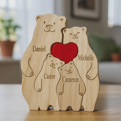 Video of custom engraved wooden bear family figurine with heart centerpiece, handcrafted personalized family gift and keepsake for home décor or special occasions.