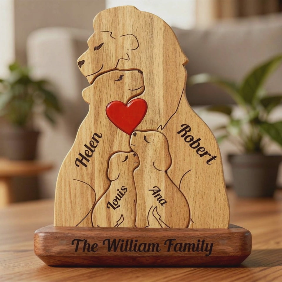Custom engraved wooden lion family figurine featuring parents and cubs with a heart, a heartfelt personalized gift for families, parents, anniversaries, or home décor lovers.