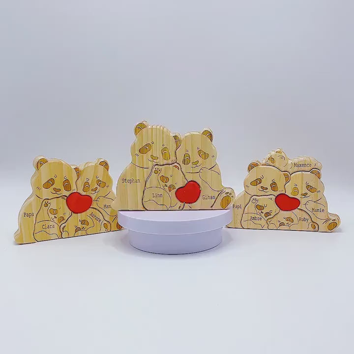 Handmade panda family ornament showing family of three with personalisation