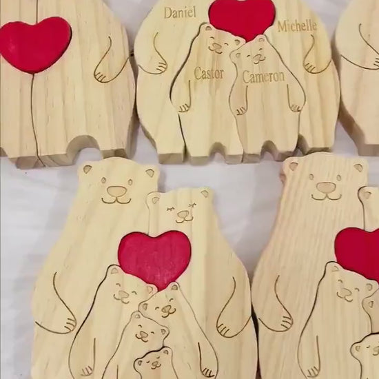 Personalised engraved wooden bear family figurine with heart centerpiece, handcrafted personalized family gift and keepsake for home décor or special occasions.