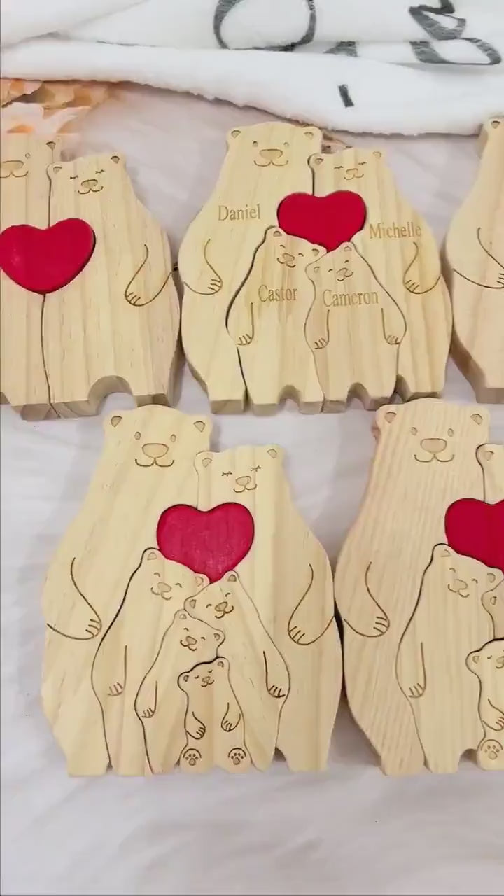 Personalised engraved wooden bear family figurine with heart centerpiece, handcrafted personalized family gift and keepsake for home décor or special occasions.