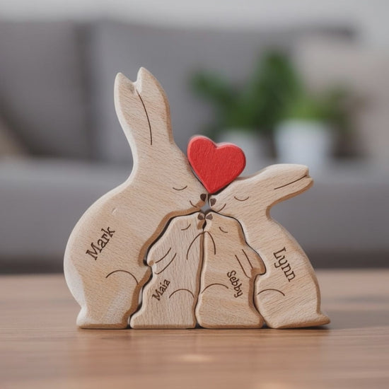 Personalised wooden rabbit family figurine with engraved names of the family members and heart detail, a meaningful family keepsake and custom gift for parents, children, anniversaries, or home décor.