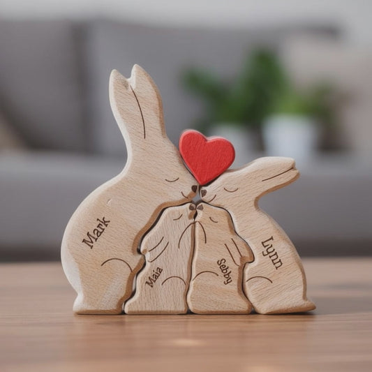 Personalised wooden rabbit family figurine with engraved names of the family members and heart detail, a meaningful family keepsake and custom gift for parents, children, anniversaries, or home décor.