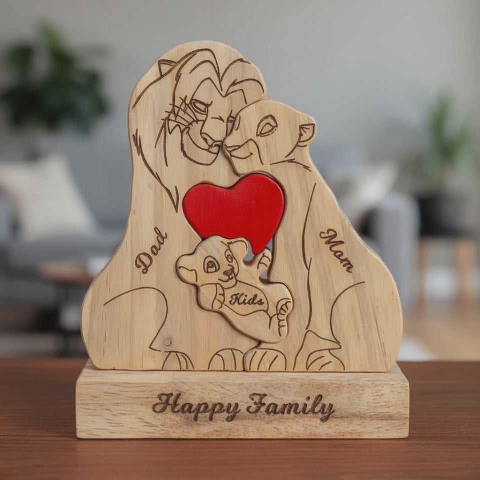 Personalized wooden elephant family figurine with engraved names and heart detail, a meaningful family keepsake and custom gift for parents, children, anniversaries, or home décor.