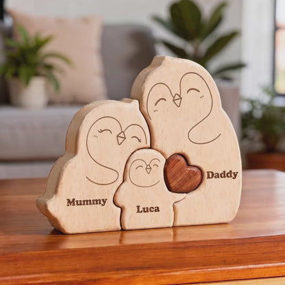 Personalised Penguin Family Puzzle, Handmade penguin family keepsake in premium beech wood for nursery on a wooden surface, family of 3 gift - MyFamilyPuzzle