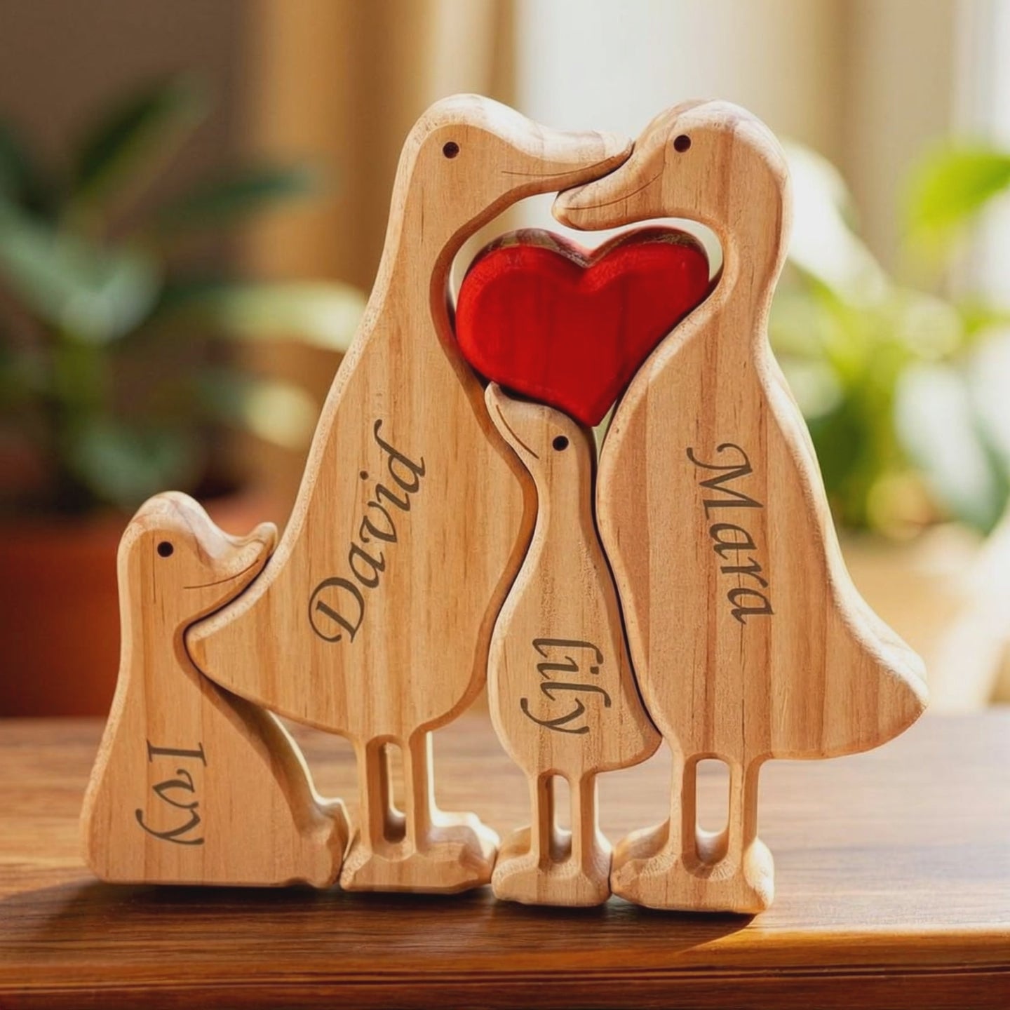 Wooden duck family puzzle four piece set in premium pine wood holding a red heart with engraved names on a wooden surface.