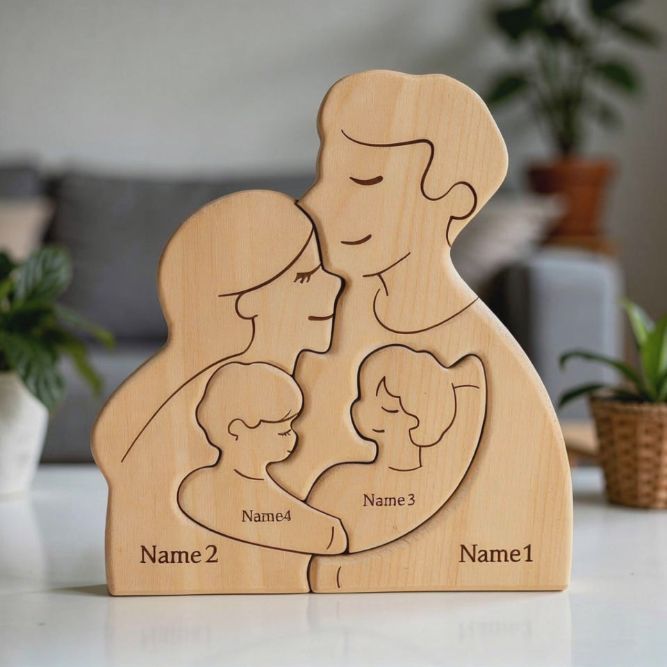 Wooden hugging family puzzle with personalised engraved names, four member family in premium beech wood on a shelf.