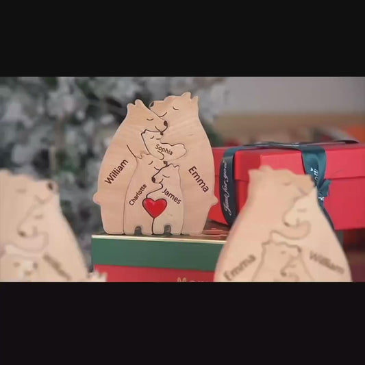 Video of a handmade bear family keepsake in premium pine wood showing family of five and four