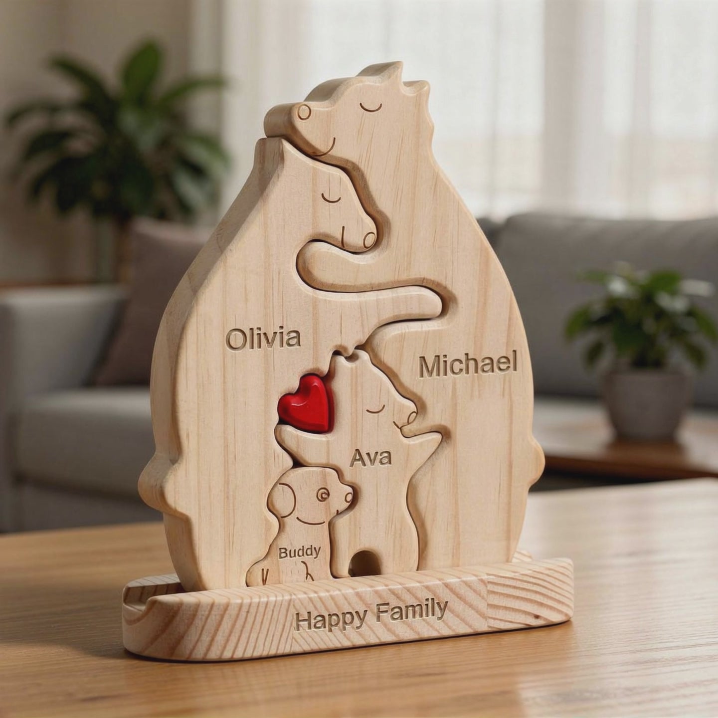 Personalised bear family with dog wooden keepsake gift for dog lovers