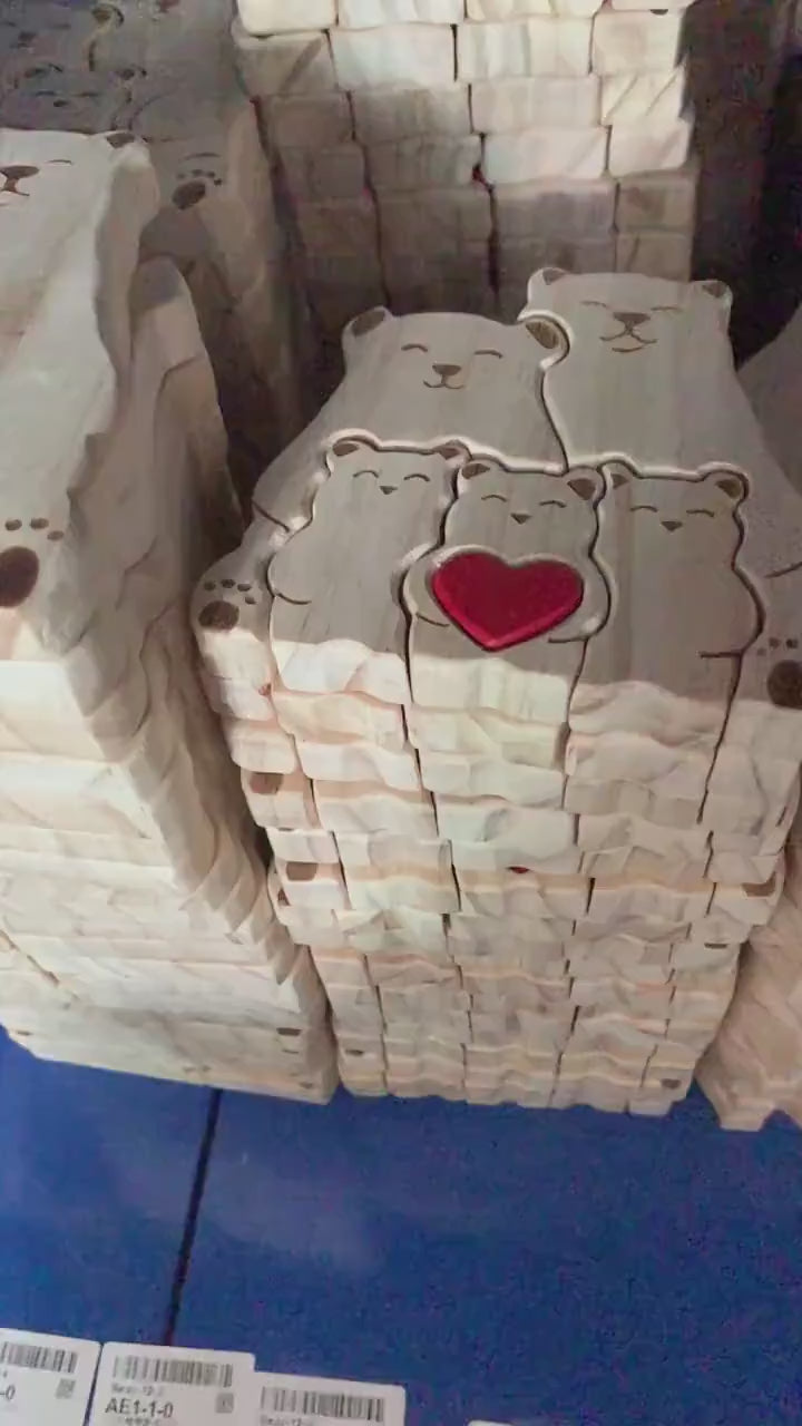 Video of personalized wooden koala family figurine with custom engraved names and heart detail, a meaningful family gift and keepsake for parents, children, anniversaries, and home décor. For a family of 4.