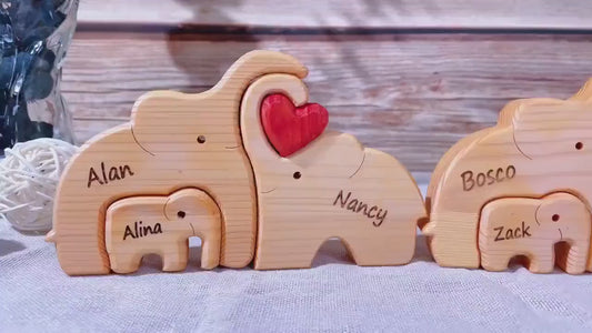 Personalised elephant family wooden puzzle for couple with custom engraved names