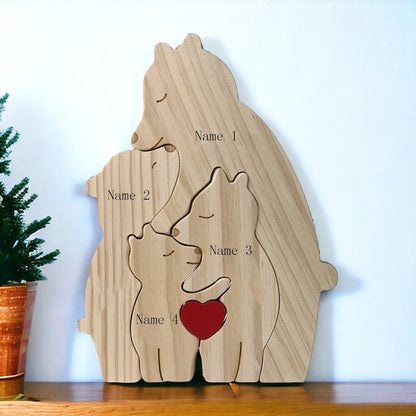 Wooden single parent bear puzzle showing parent with three kids in pine