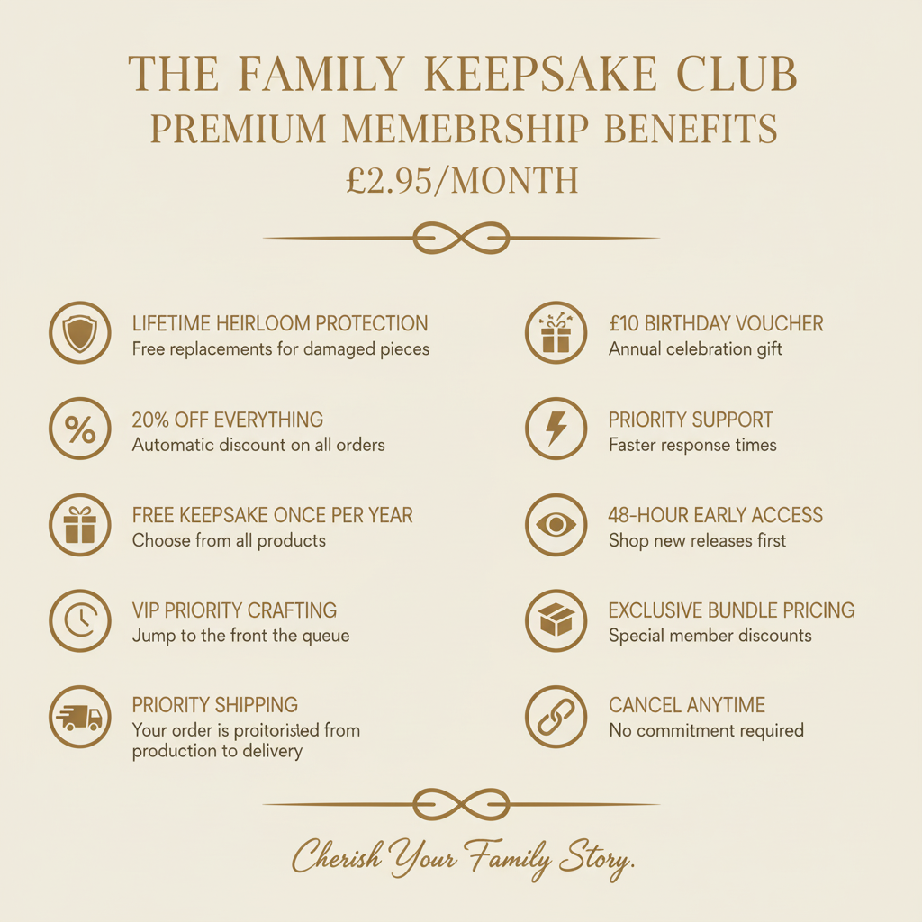 The Family Keepsake Club Membership - MyFamilyPuzzle - All Benefits showing lifetime protection, 20% off everything, free keepsake once per year and many more