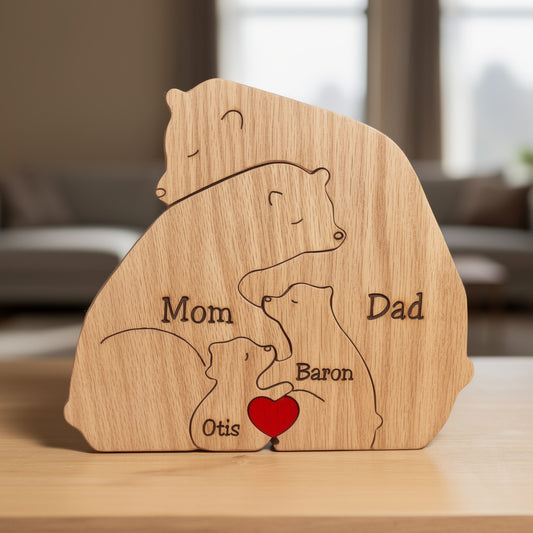 Personalized wooden bear family figurine with engraved names and red heart centerpiece, a custom family keepsake and meaningful gift for parents, children, anniversaries, or home décor.