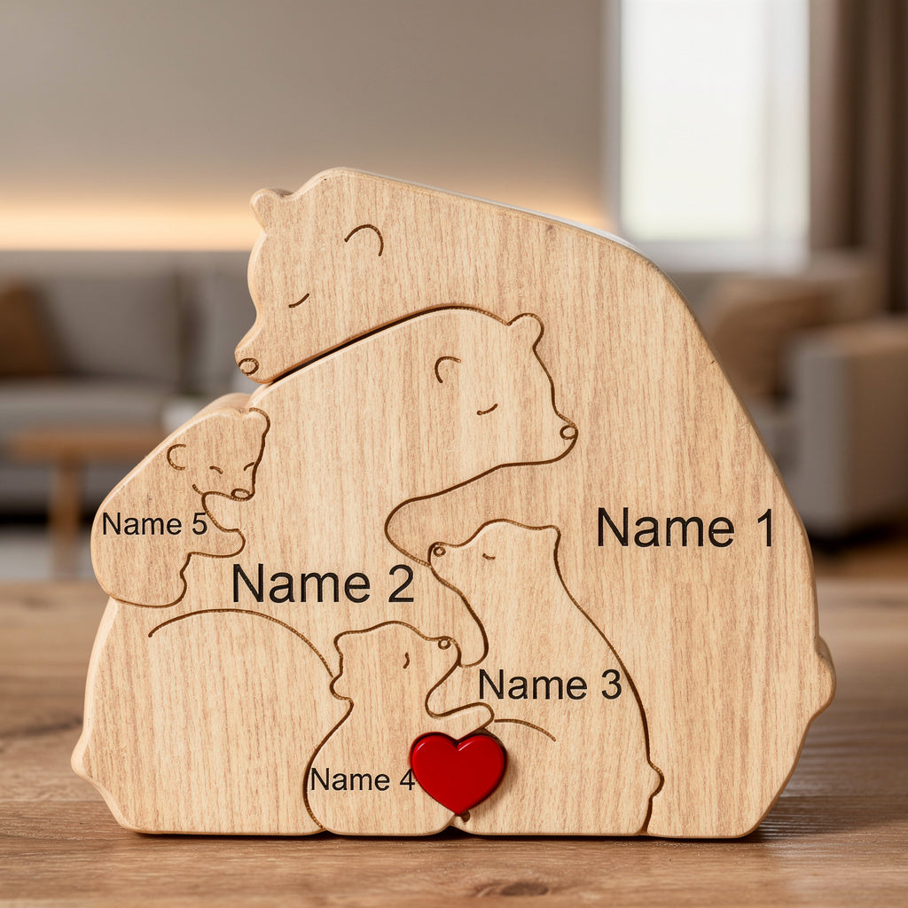 Wooden bear family puzzle for 5 people with custom engraved names
