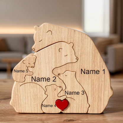 Wooden bear family puzzle for 5 people with custom engraved names