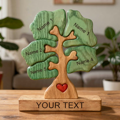 Personalized wooden tree decoration with five leaf sections and a heart, on a stand with customizable text.