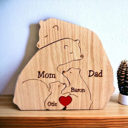 Close up of personalised engraving on wooden bear family puzzle