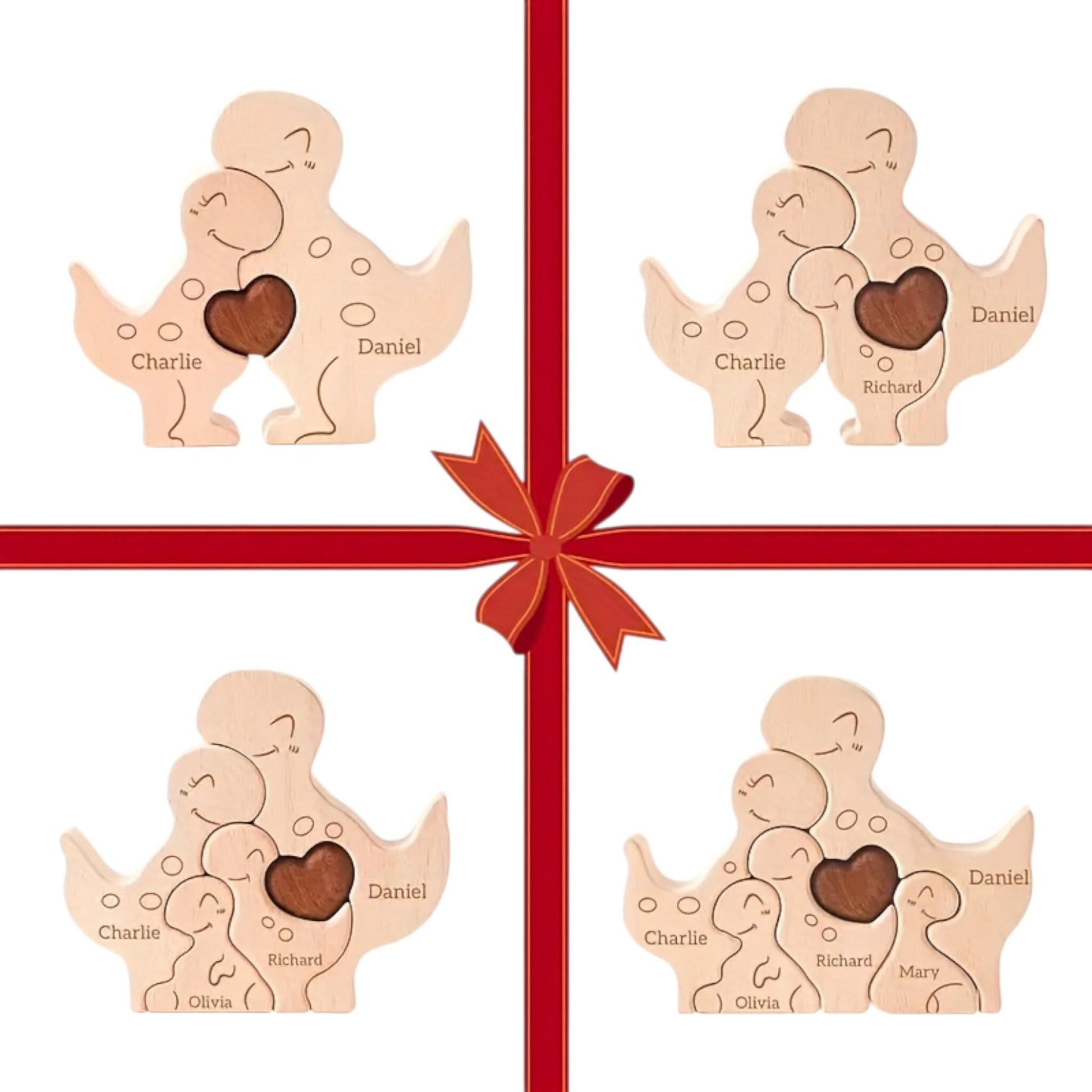 Four wooden dinosaur-shaped family figures with hearts and names, tied together with a red ribbon on a white background.